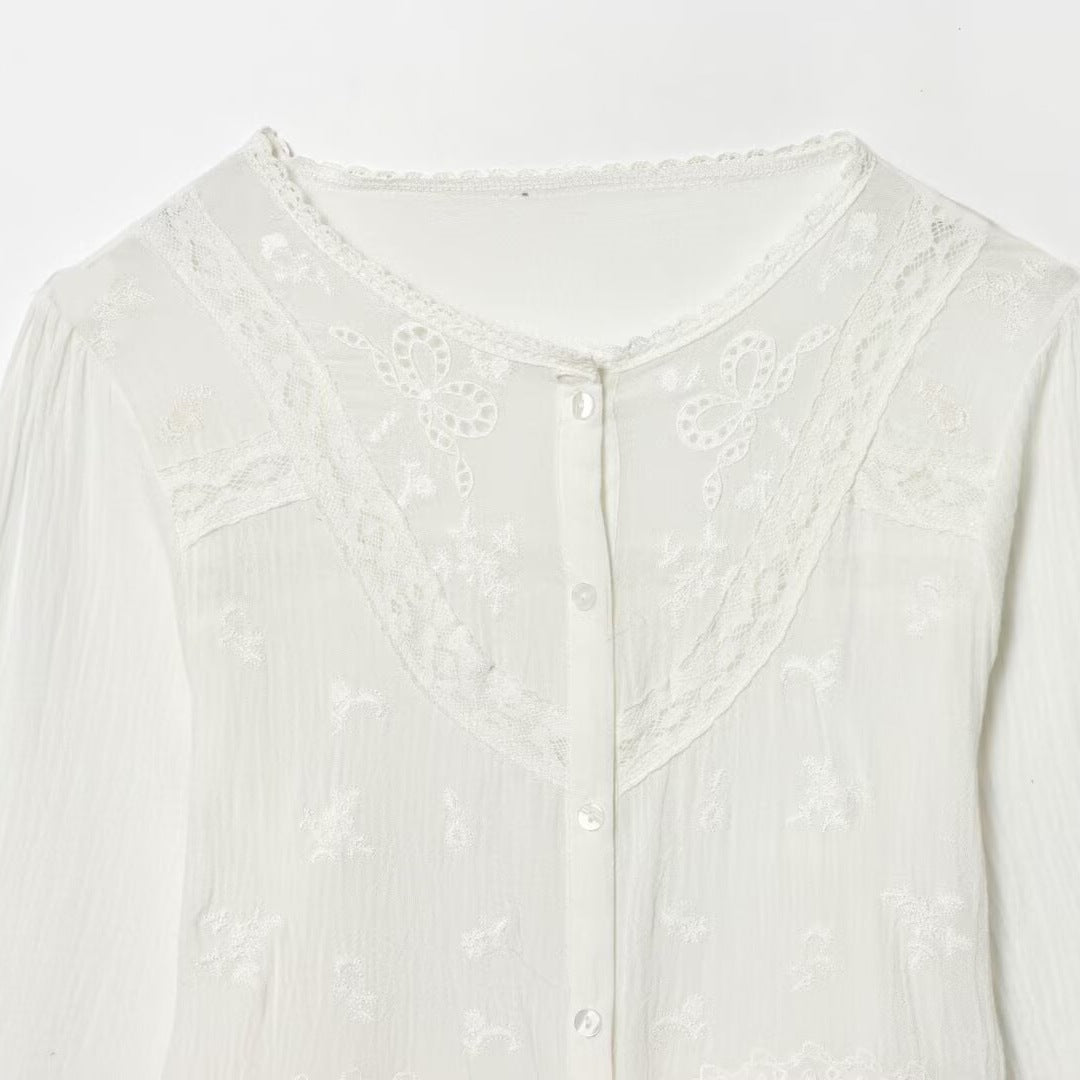 Women’s Light Embroidery Blouse with Lace Collar, Tie Waist and Button Placket Shop Velvia