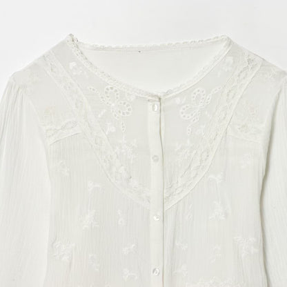 Women’s Light Embroidery Blouse with Lace Collar, Tie Waist and Button Placket Shop Velvia