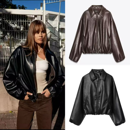Women's Oversize Faux Leather Bomber with Shirt Collar, Concealed Zipper and Balloon Sleeves Shop Velvia