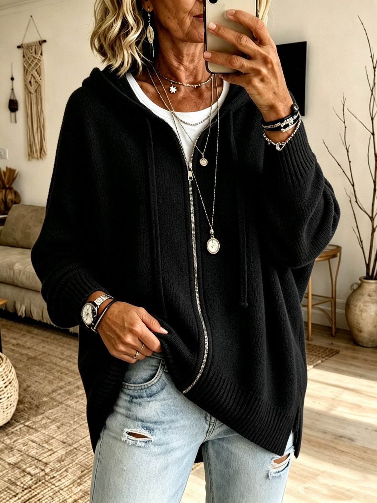 Women Oversize Hooded Zip Cardigan made of soft fine knit Shop Velvia