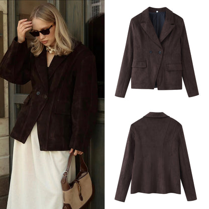 Women Tailored Velvet Imitation Blazer with Double Breasted and Patch Pockets Shop Velvia