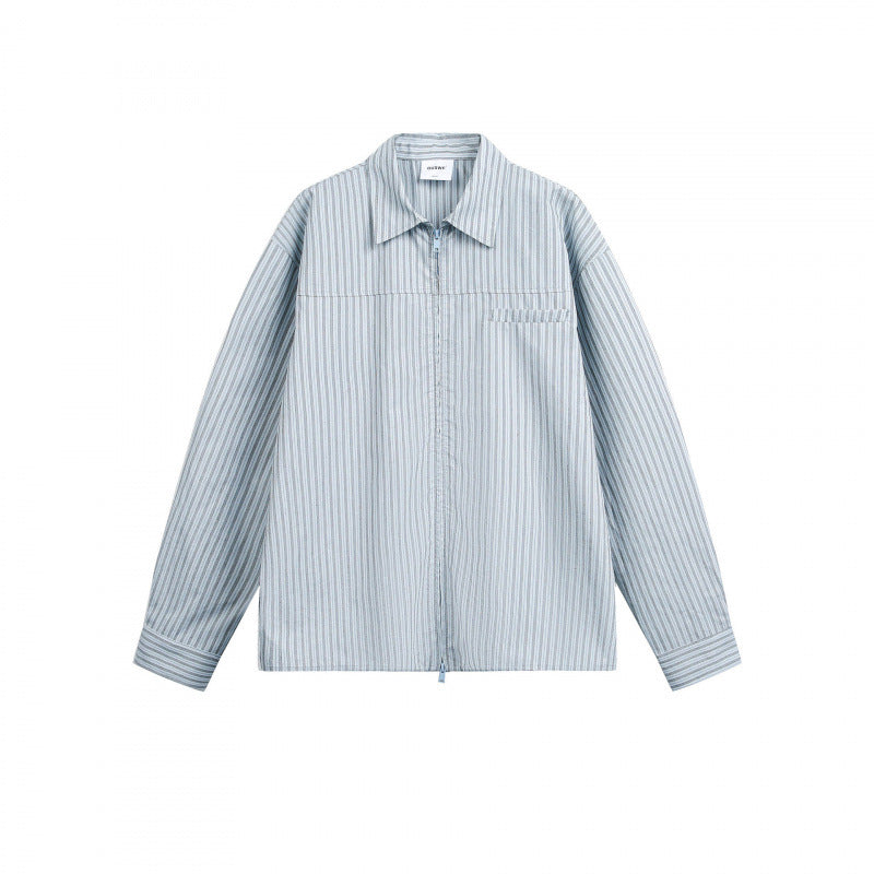 Women Striped Oversized Shirt Jacket with Concealed Zipper and Chest Pocket Shop Velvia