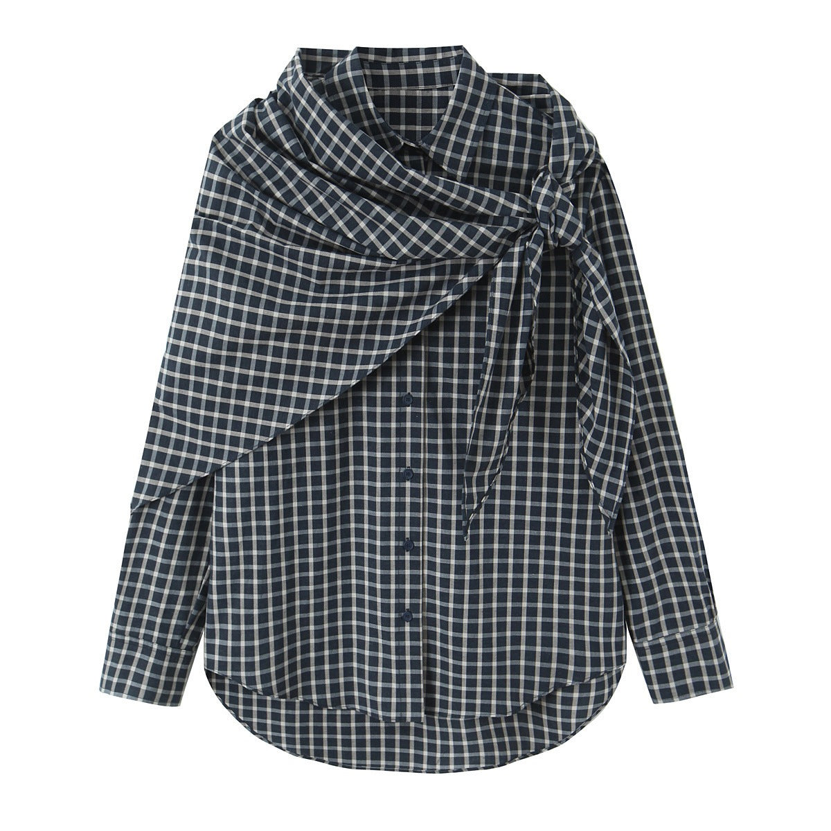 Women Checked Blouse Shirt with Asymmetrical Scarf Detail Shop Velvia