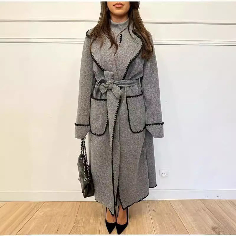 Women Tailored Wrap Coat made of Wool Blend with Decorative Wave Trim and Tied Belt Shop Velvia