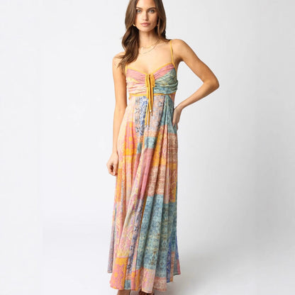 Women’s floor-length maxi dress with shirred bustier, drawstring and patchwork print