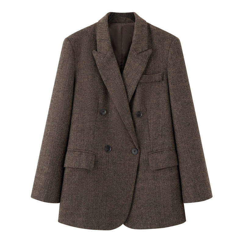 Women Double-breasted Oversized Tweed Blazer with Houndstooth Pattern Shop Velvia