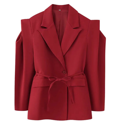 Women's blazer with shoulder cutouts, belted waist and single button closure Shop Velvia