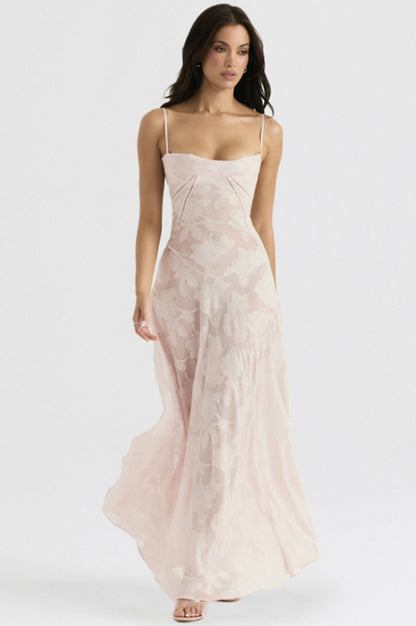 Women's figure-hugging maxi dress with bodice construction and spaghetti straps