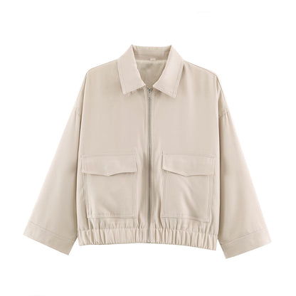 Women's Cropped Oversized Blouson Jacket with Large Flap Pockets, Full-Length Zipper and Elastic Hem Shop Velvia