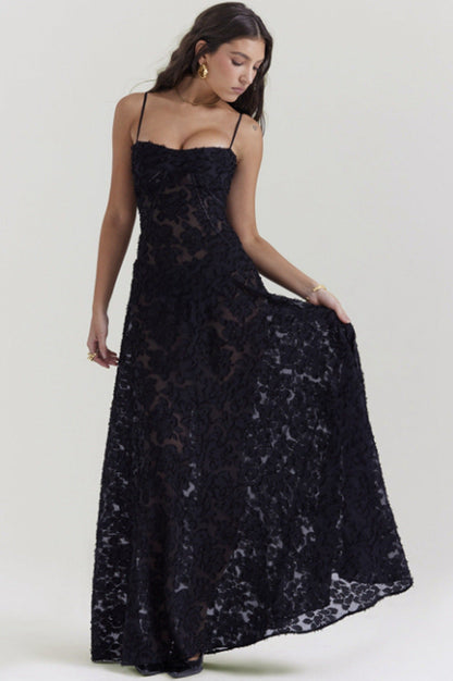 Women's figure-hugging maxi dress with bodice construction and spaghetti straps