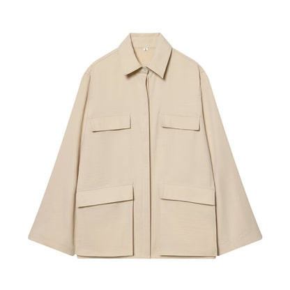 Women's Oversize Field Jacket in Boxy Cut with Four Flap Pockets and Concealed Snap Placket Shop Velvia