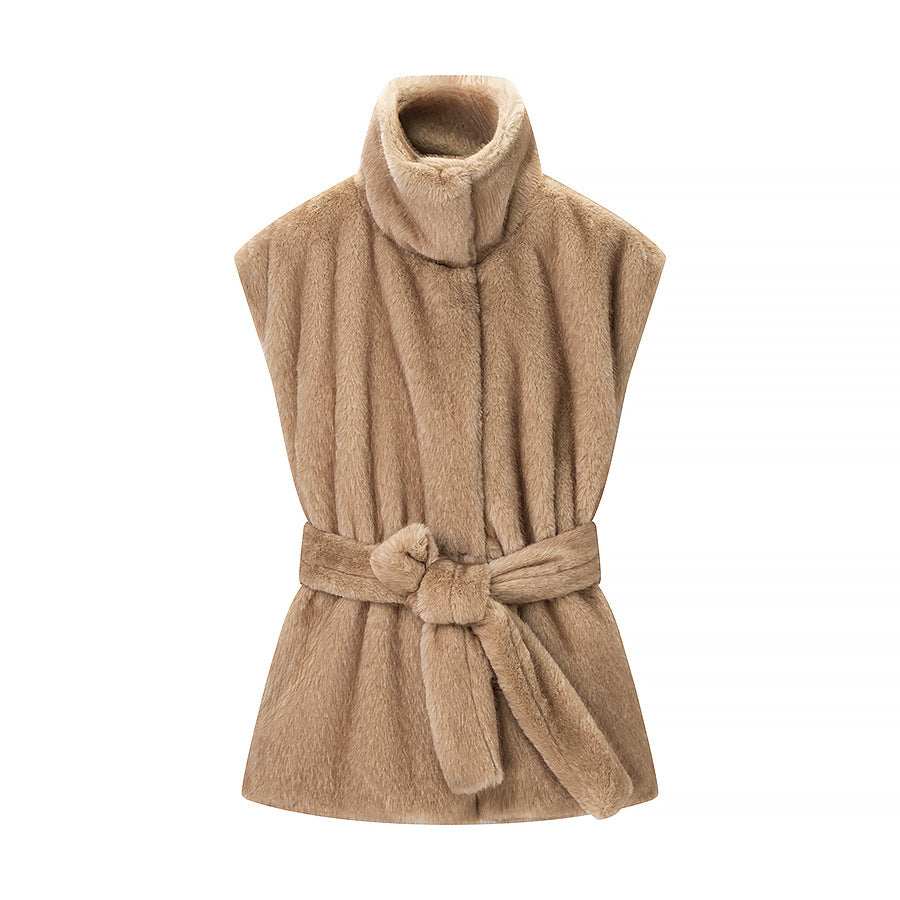 Women's Sleeveless Faux Fur Vest with Stand Collar and Waist Belt Shop Velvia