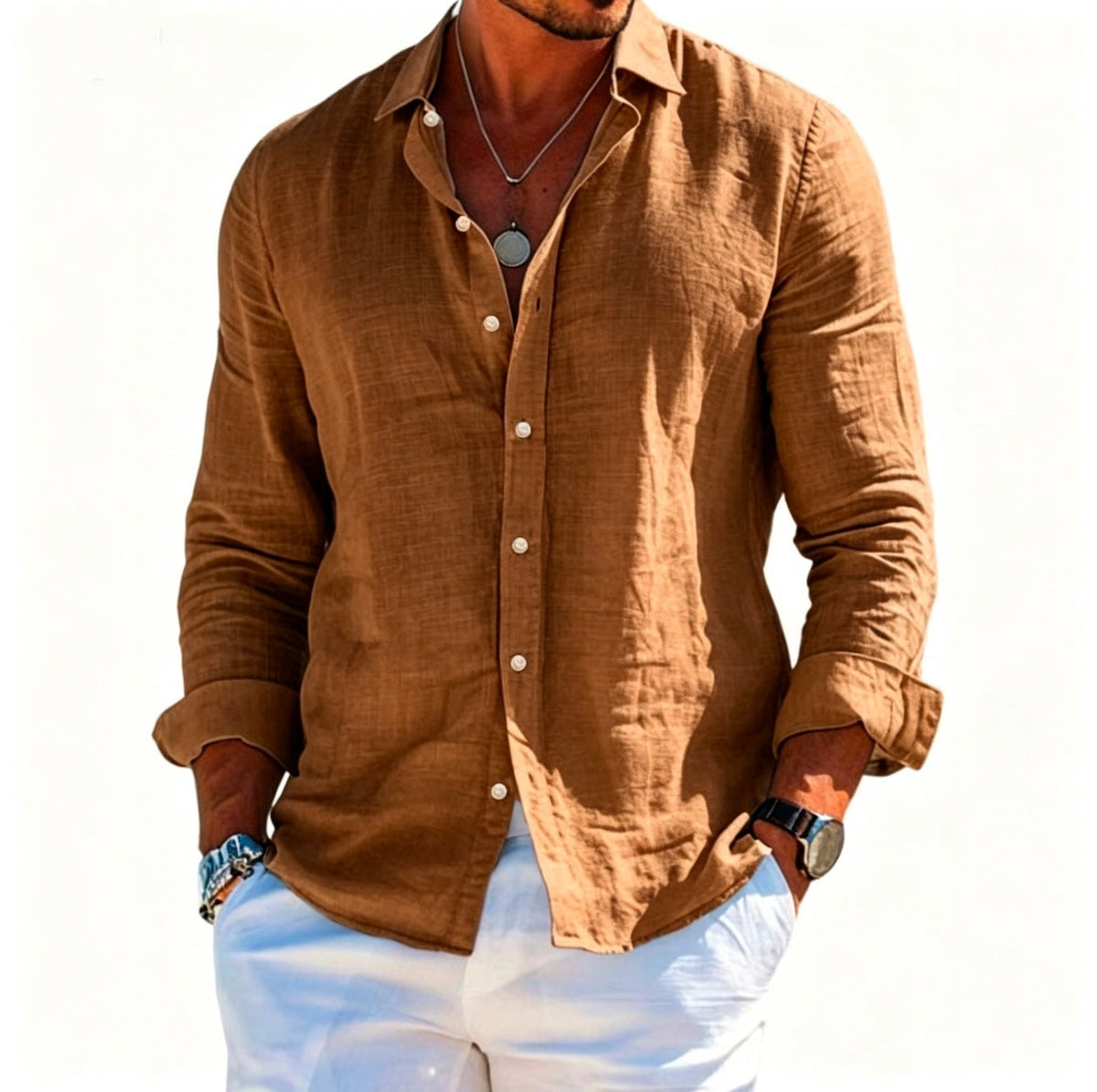 Men's structured linen shirt with open collar, lightweight texture and casual-tailored fit Shop Velvia