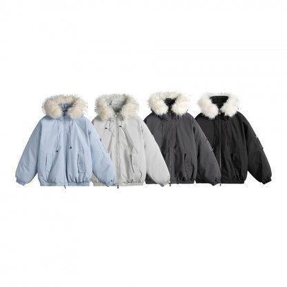 Women's Padded Bomber Jacket with Faux Fur Hood, Boxy Cut and Utility Pockets Shop Velvia