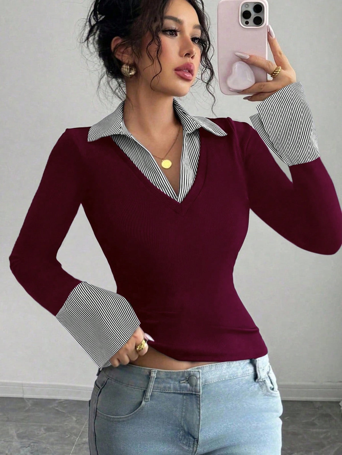 Ladies fine knit sweater with integrated shirt collar and striped cuffs Shop Velvia