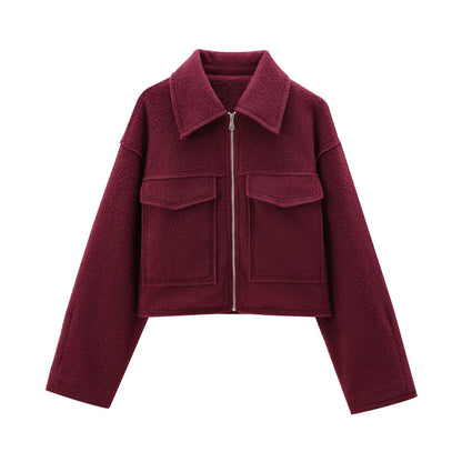 Women Short Boucle Jacket in Boxy Cut with Zip and Flap Pockets Shop Velvia