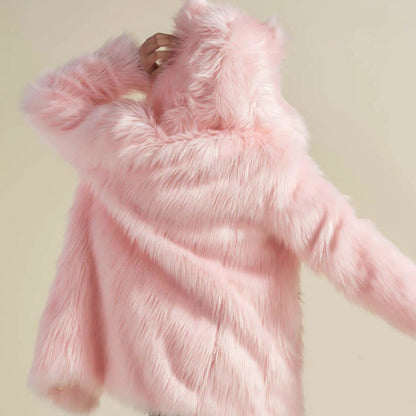 Women's Longer Hooded Faux Fur Coat with Animal Ears and Fluffy High Pile Shop Velvia