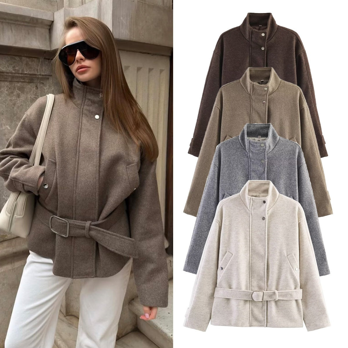 Women's Boxy Wool Jacket with Stand-Up Collar, Concealed Snap Button Placket and D-Ring Waist Belt Shop Velvia