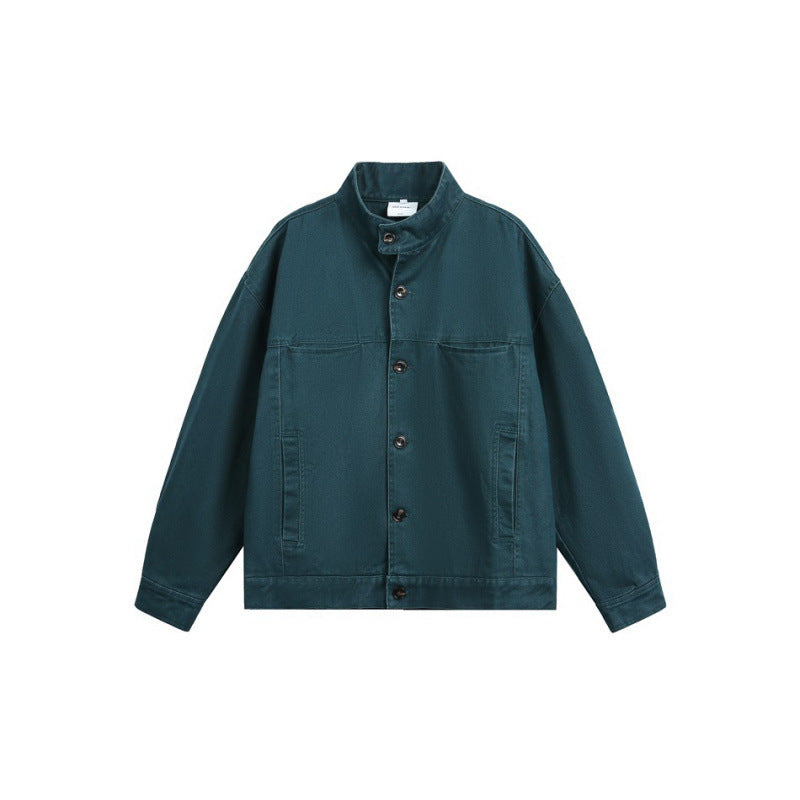 Men's Loose Canvas Overshirt with Stand-Up Collar, Patch Pockets and Distinctive Stitching Details Shop Velvia