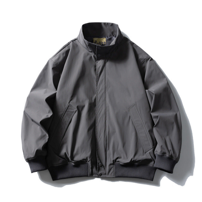 Men's Boxy Bomber Jacket with Stand-Up Collar, Concealed Snap Button Placket, and Elastic Ribbed Cuffs Shop Velvia