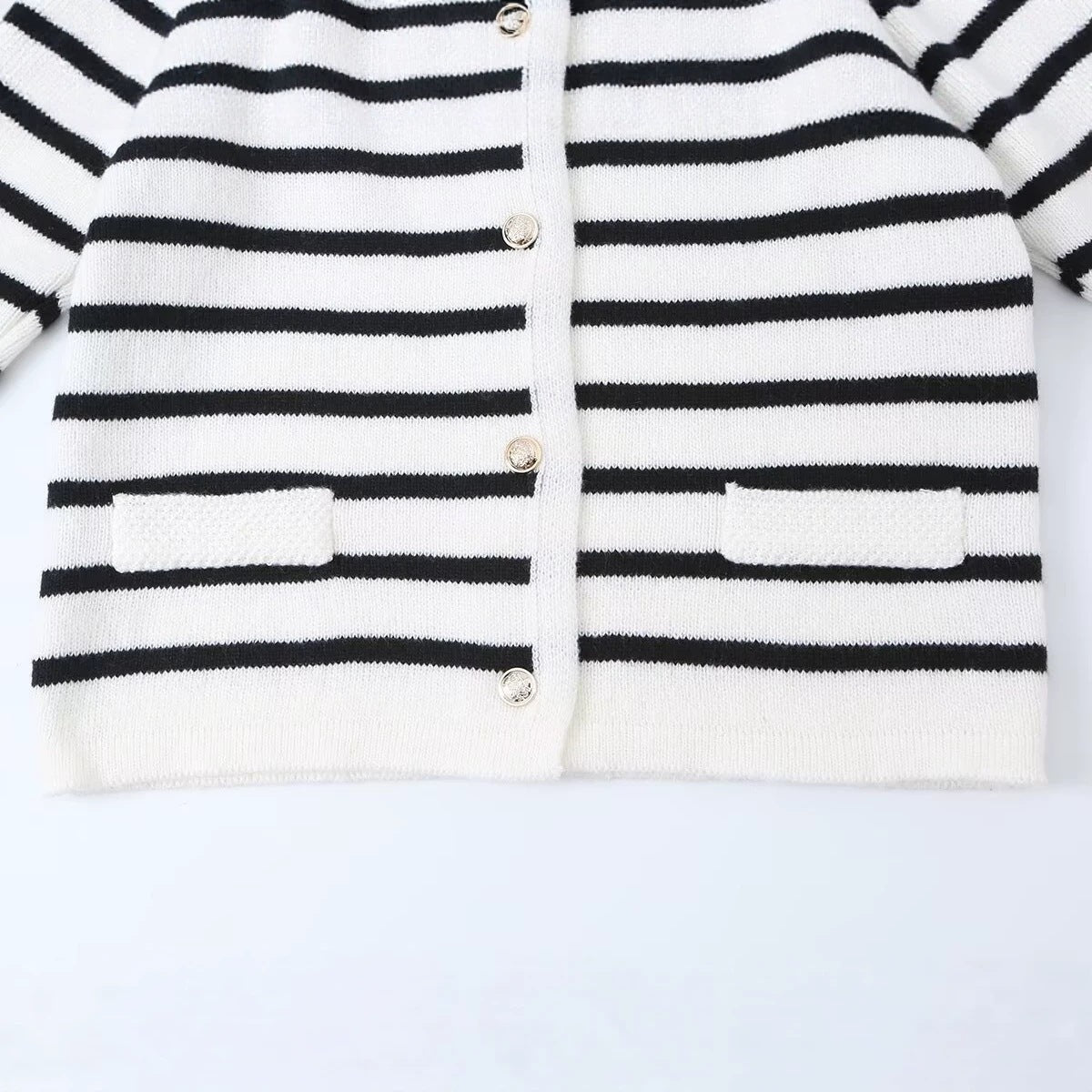 Women Striped Cardigan with Round Neck, Decorative Button Placket and Patch Pockets Shop Velvia