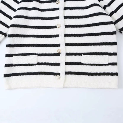 Women Striped Cardigan with Round Neck, Decorative Button Placket and Patch Pockets Shop Velvia