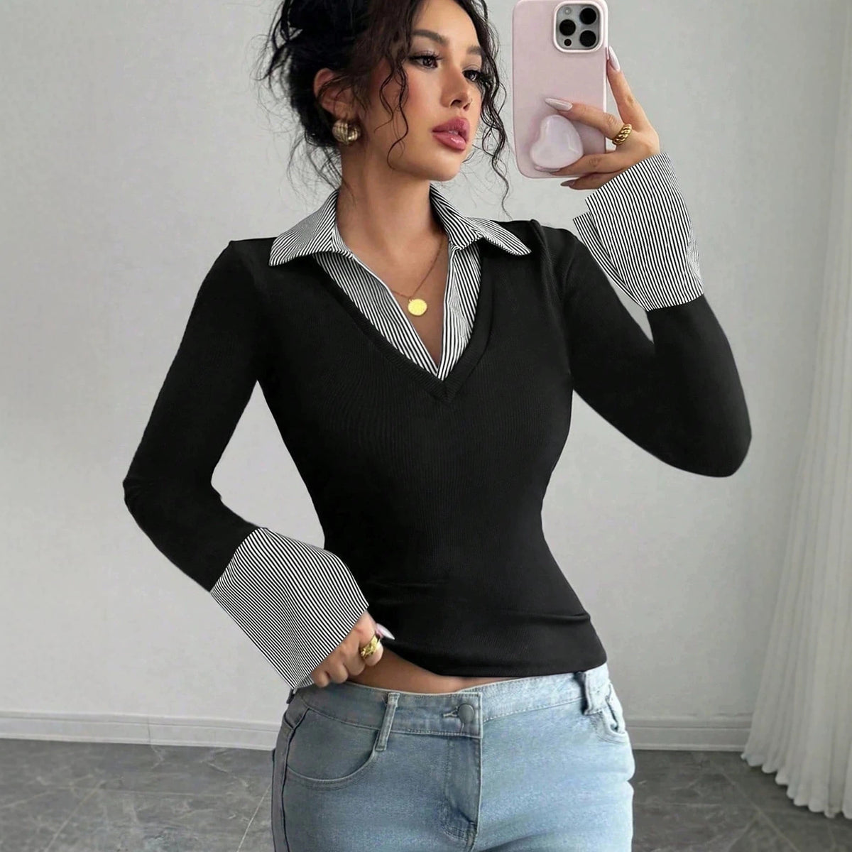 Ladies fine knit sweater with integrated shirt collar and striped cuffs Shop Velvia