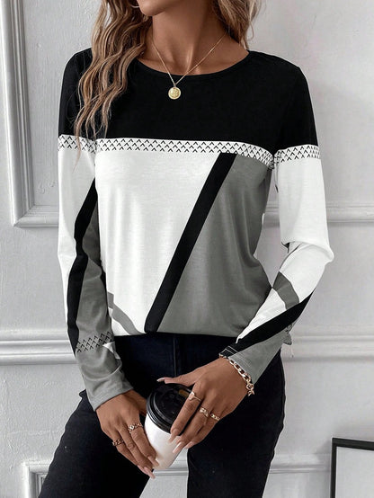 Women's Long Sleeve Shirt with Graphic Colorblock Design and Round Neck Shop Velvia