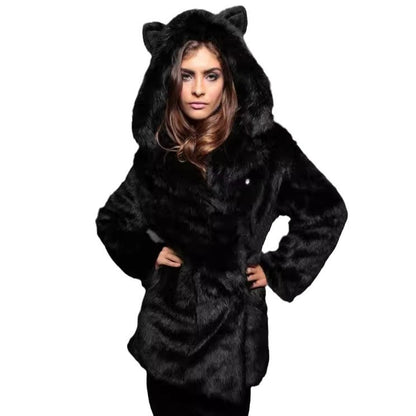 Women's Short Hooded Jacket made of vegan high-pile synthetic fur with cat ears and tailored silhouette Shop Velvia