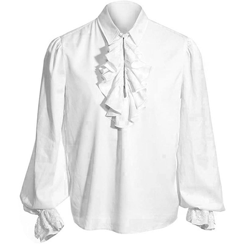 Men's elegant Baroque ruffle shirt with stand-up collar, ruffled chest, and lace cuffs Shop Velvia