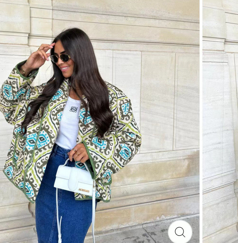 Women's quilted kimono jacket with graphic ethnic print and waist belt Shop Velvia
