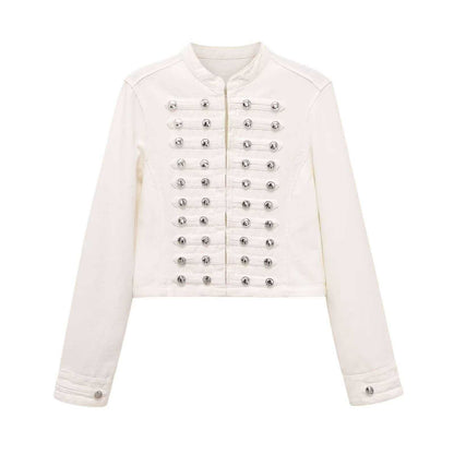 Women’s denim jacket in military style with row buttons and stand-up collar Shop Velvia