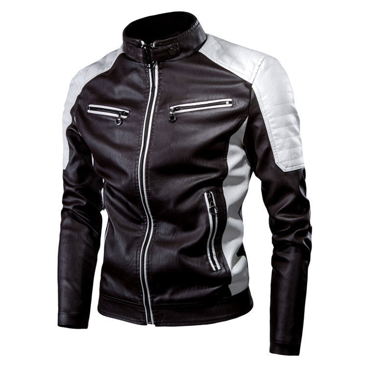 Men's Slim Fit Motorcycle Faux Leather Jacket with Contrast Panels, Quilted Shoulders and Zipper Pockets Shop Velvia