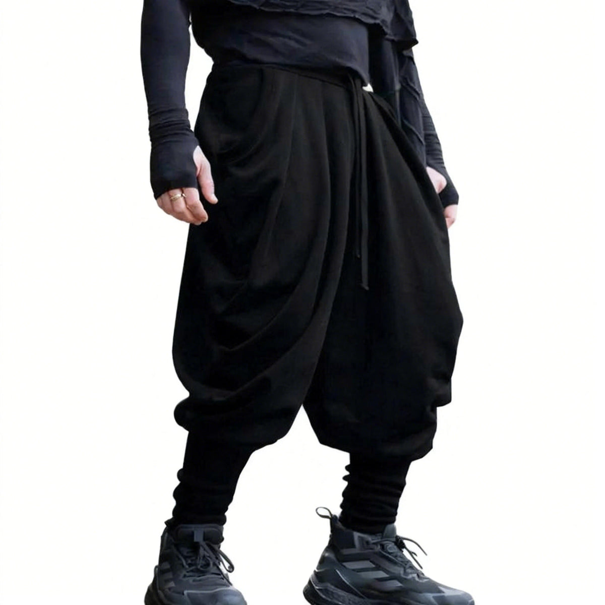 Men's nan avant-garde harem pants with wrap front, elastic waistband, and slim lower leg Shop Velvia
