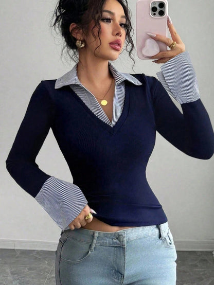 Ladies fine knit sweater with integrated shirt collar and striped cuffs Shop Velvia