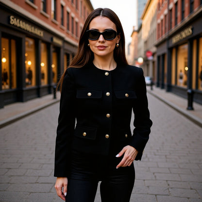 Women Short-Cut Boucle Blazer with Round Neckline, Four Flap Pockets and Gold Decorative Buttons Shop Velvia