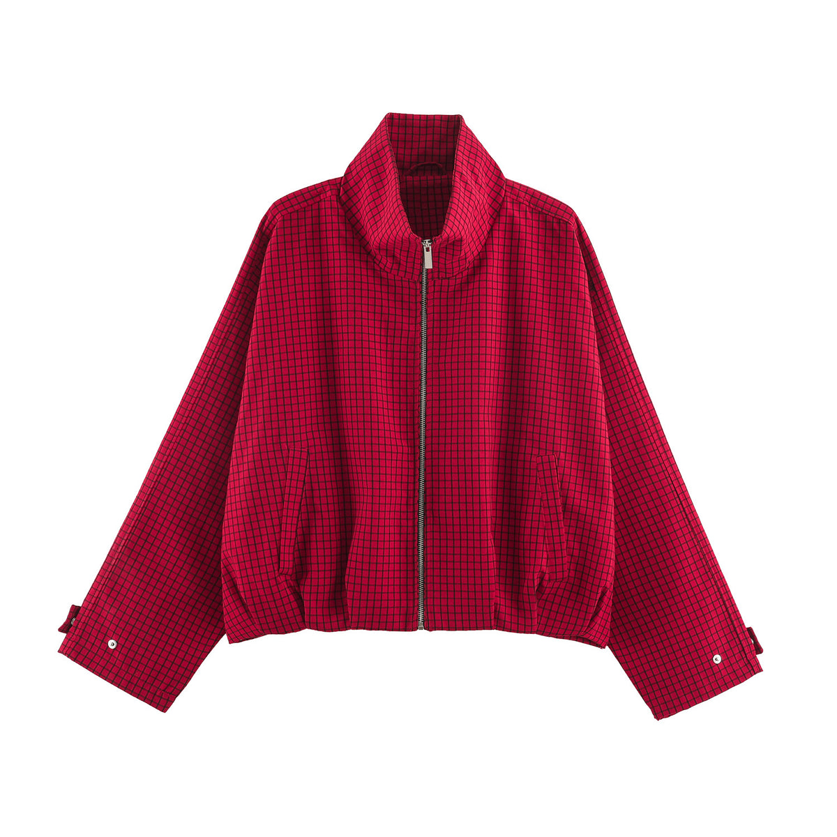 Women Oversize Boxy Bomber Jacket with Stand-Up Collar, Checkered Pattern and Elastic Hem Shop Velvia