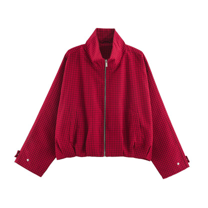 Women Oversize Boxy Bomber Jacket with Stand-Up Collar, Checkered Pattern and Elastic Hem Shop Velvia