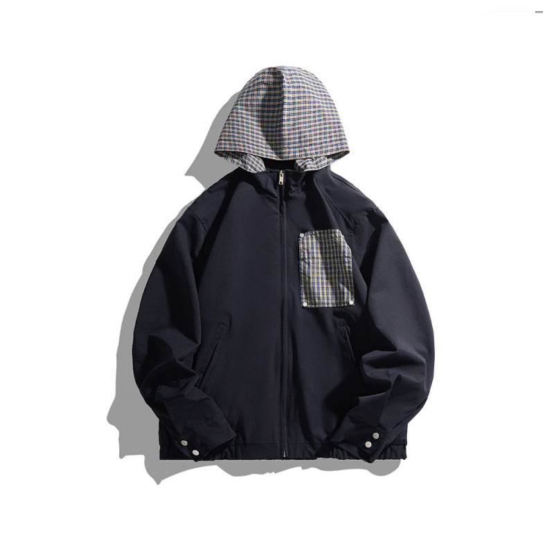 Unisex Lightweight Hooded Transition Jacket with Checkered Pattern Lining and Chest Pocket Shop Velvia