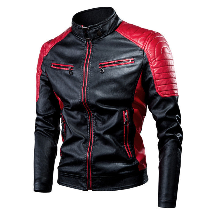 Men's Slim Fit Motorcycle Faux Leather Jacket with Contrast Panels, Quilted Shoulders and Zipper Pockets Shop Velvia