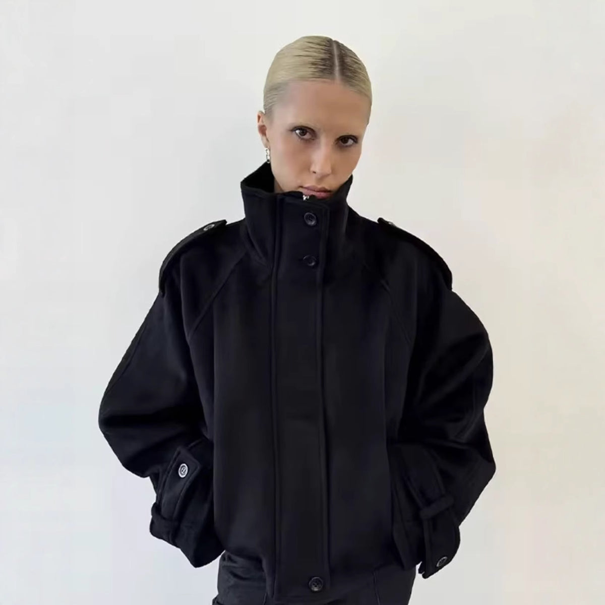 Women's short coat in cape look with high stand-up collar, epaulettes and wide raglan sleeves Shop Velvia