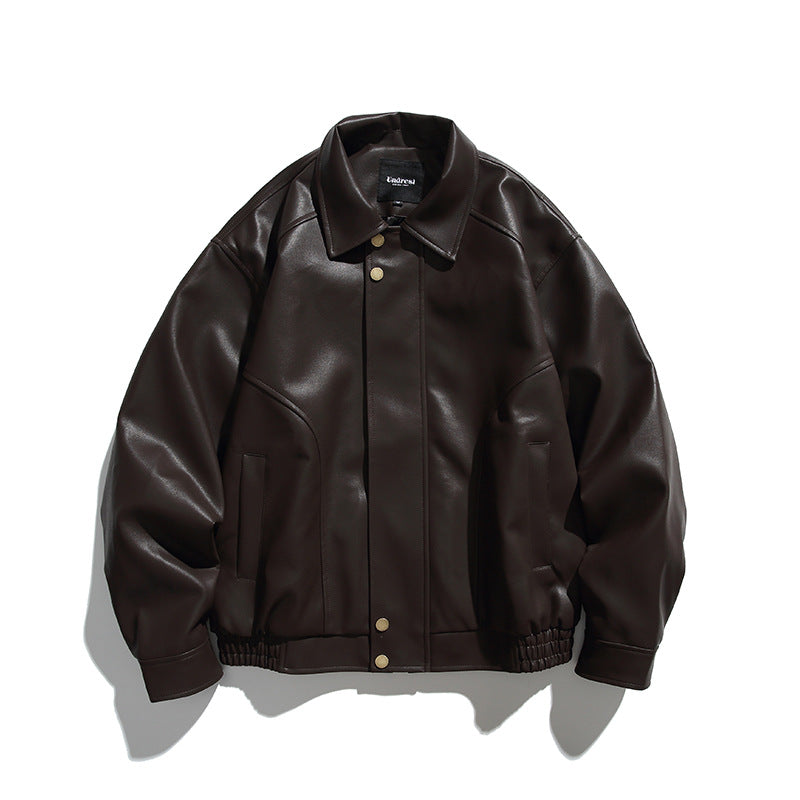 Men's Boxy Faux Leather Bomber Jacket with Concealed Snap Placket, Elastic Hem, and Patch Pockets Shop Velvia