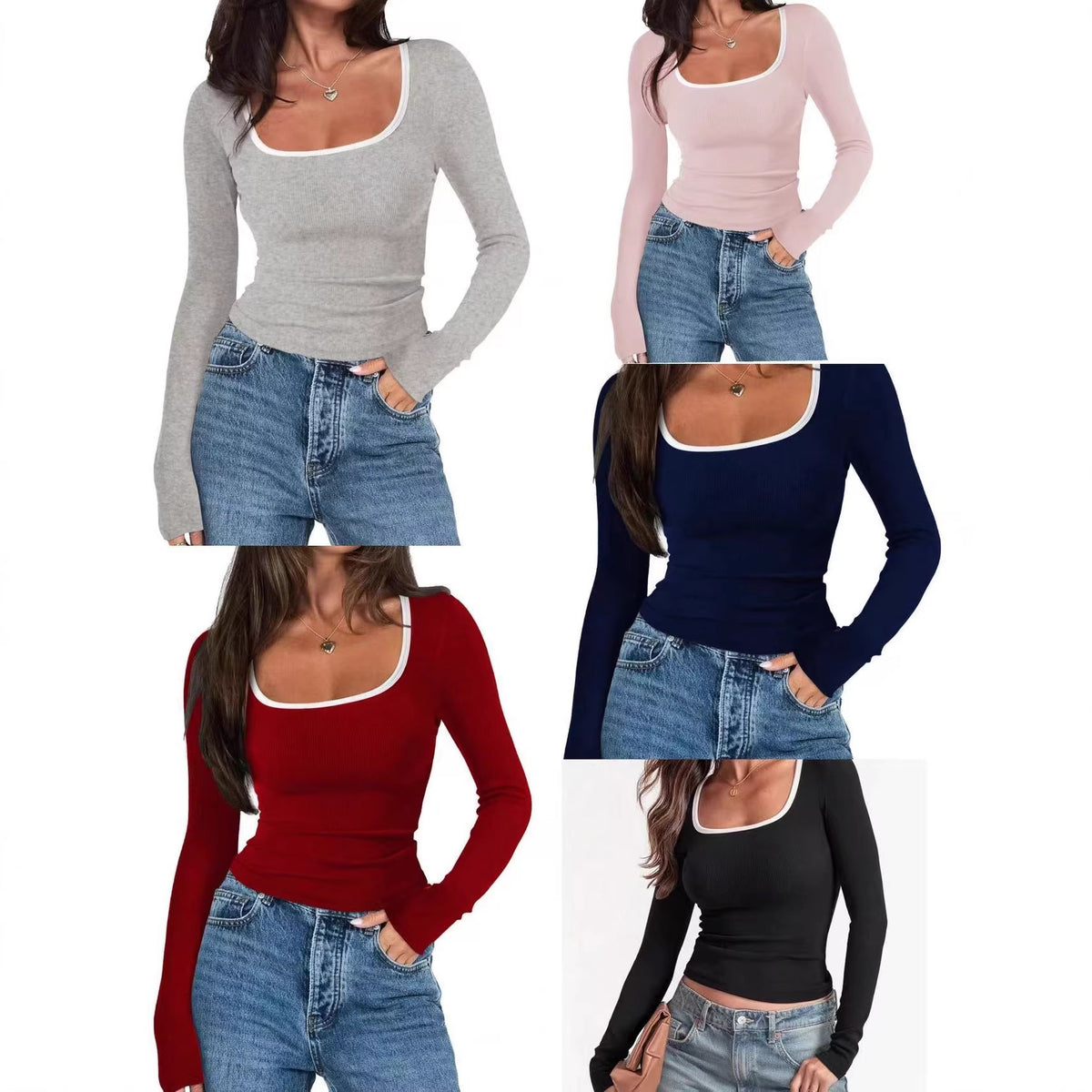 Ladies fitted rib shirt with wide square neckline and contrast edge Shop Velvia
