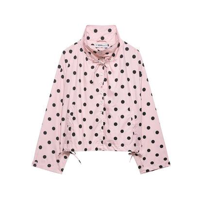 Women's Lightweight Polka Dot Wind Jacket with Stand-Up Collar and Drawstring Shop Velvia