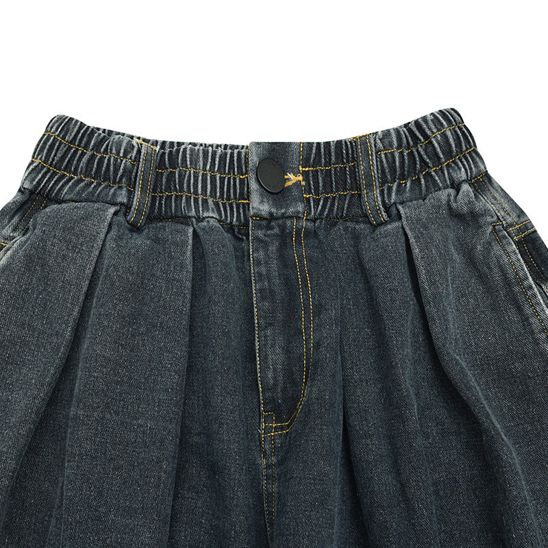 Ladies Wide Denim Pants with Pleats, Elastic Waistband and Casual Silhouette Shop Velvia