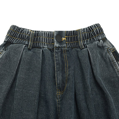 Ladies Wide Denim Pants with Pleats, Elastic Waistband and Casual Silhouette Shop Velvia