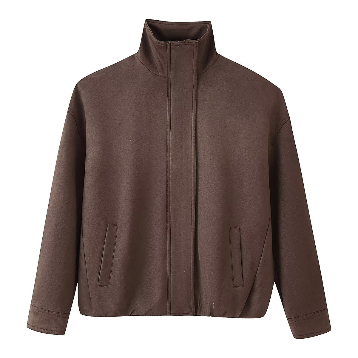 Women's Boxy Short Jacket with High Stand Collar, Concealed Front Placket and Jetted Pockets Shop Velvia