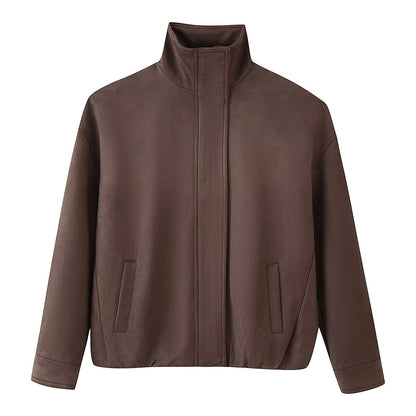 Women's Boxy Short Jacket with High Stand Collar, Concealed Front Placket and Jetted Pockets Shop Velvia