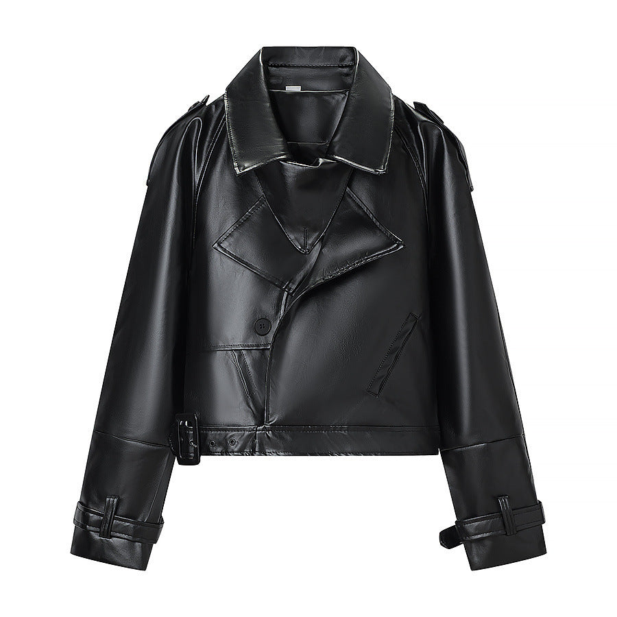 Ladies short cut biker jacket made of faux leather with asymmetrical front and waist belt Shop Velvia
