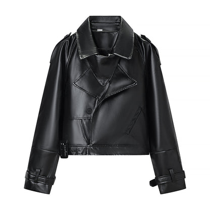 Ladies short cut biker jacket made of faux leather with asymmetrical front and waist belt Shop Velvia